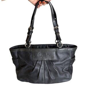 Coach F13759 East West Gallery Pleated Black Leather Shoulder Bag Silver Hardwar